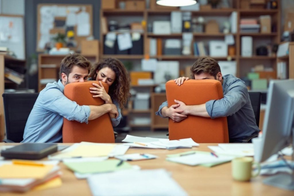 Trois personnes épuisées, cachant leurs visages derrière des chaises