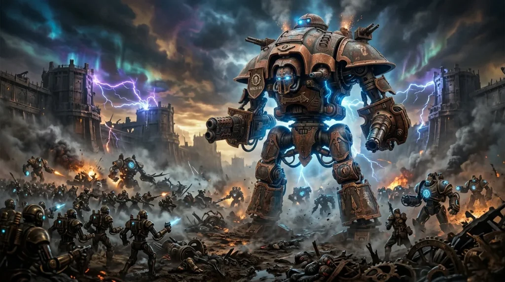 Robot géant steampunk avec éclairs bleus dominant armée de soldats mécaniques