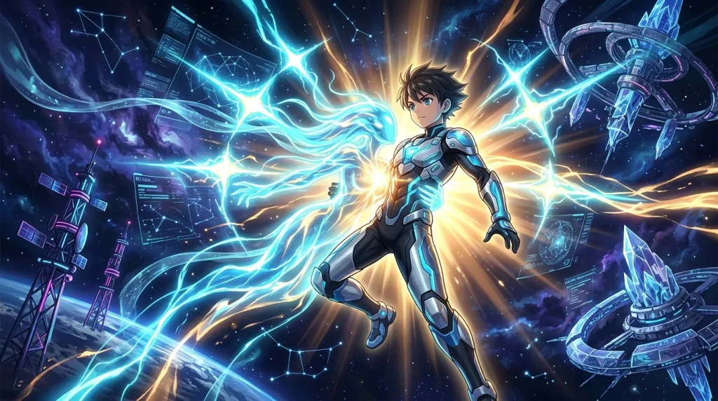 Jeune guerrier en armure futuriste entouré d'électricité bleue