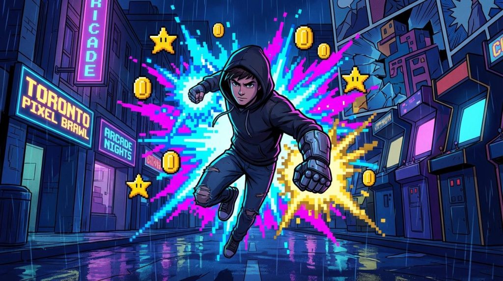 Personnage hooded combattant dans rue néon rétro-futuriste pixelisée.