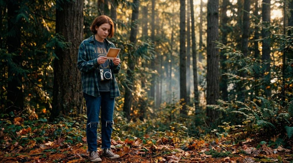 Adolescente avec tablette et appareil photo en forêt