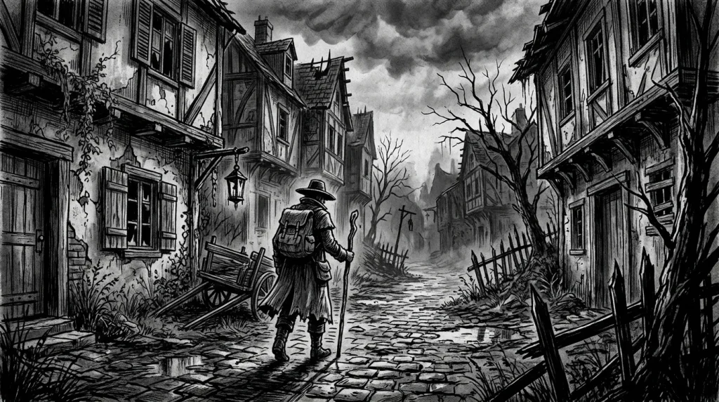 Homme solitaire dans rue déserte post-apocalyptique, noir et blanc