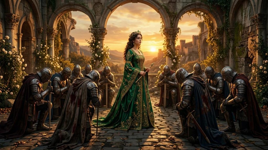 Femme en robe verte entourée de chevaliers armés au coucher soleil