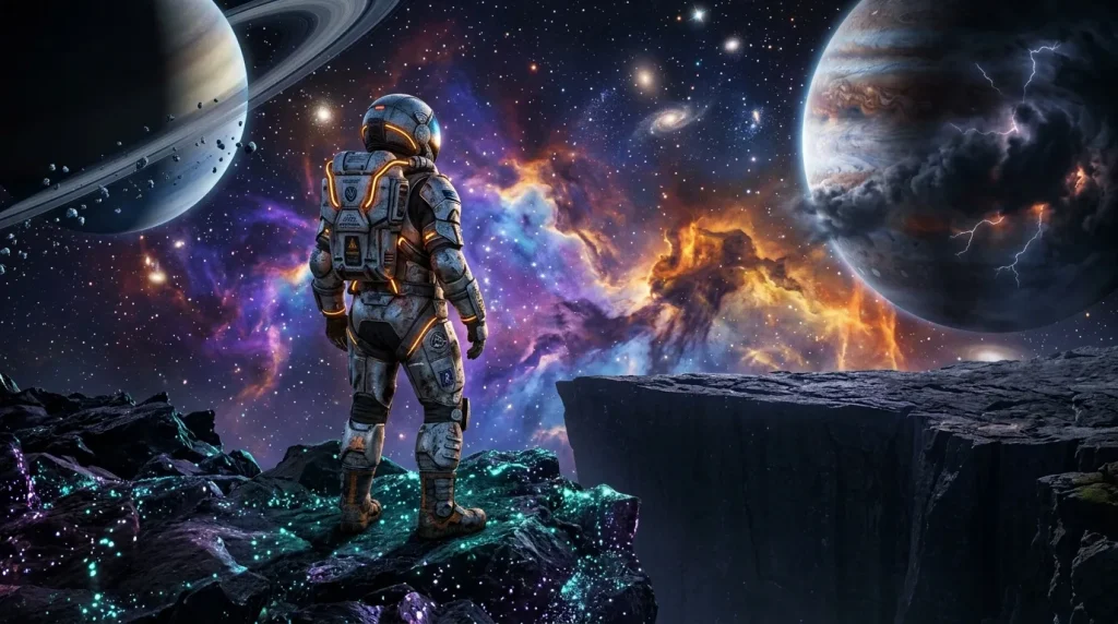 Astronaute en combinaison spatiale observant planètes et nébuleuses colorées