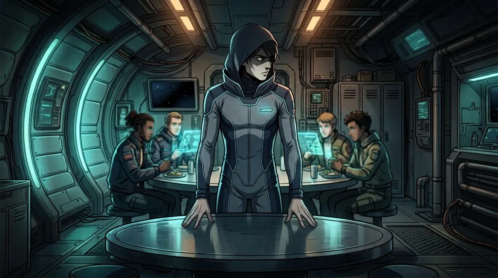 Femme en combinaison spatiale dans un vaisseau futuriste entourée d'équipage
