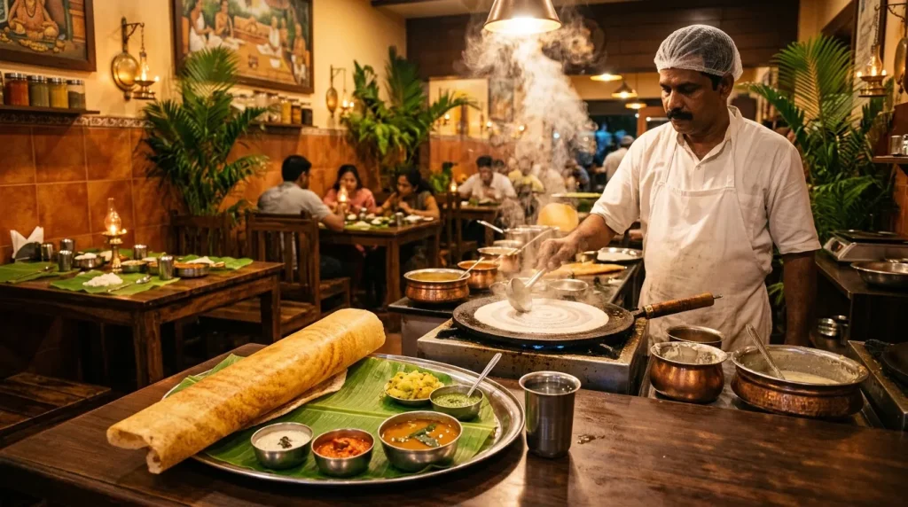 Chef prépare crêpes indiennes dans restaurant authentique