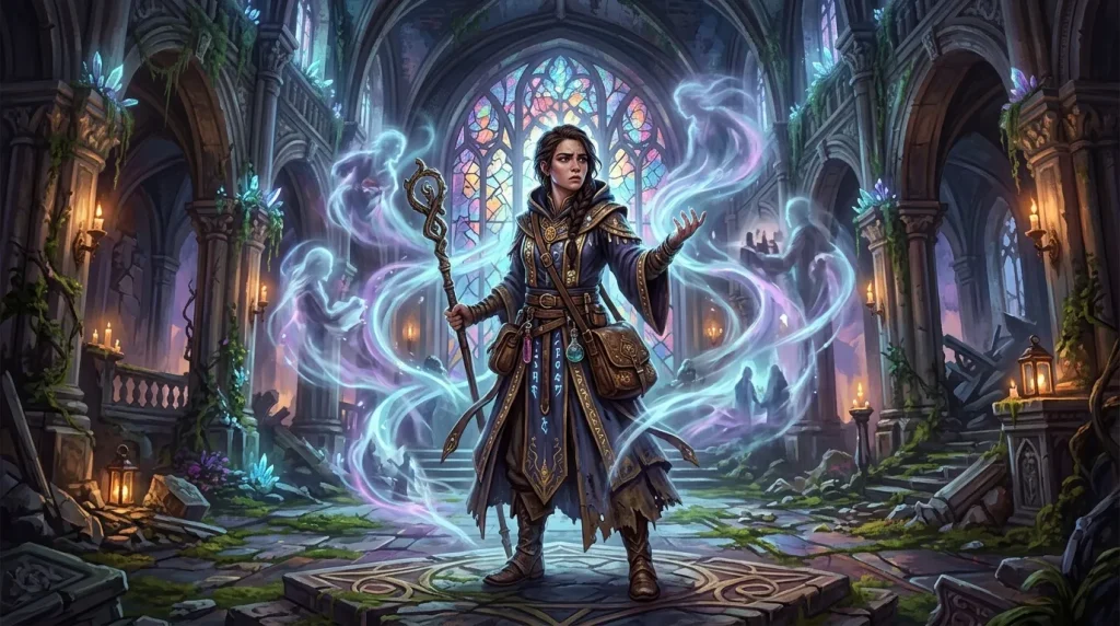 Mage en robes dorées contrôlant la magie bleue dans cathédrale gothique