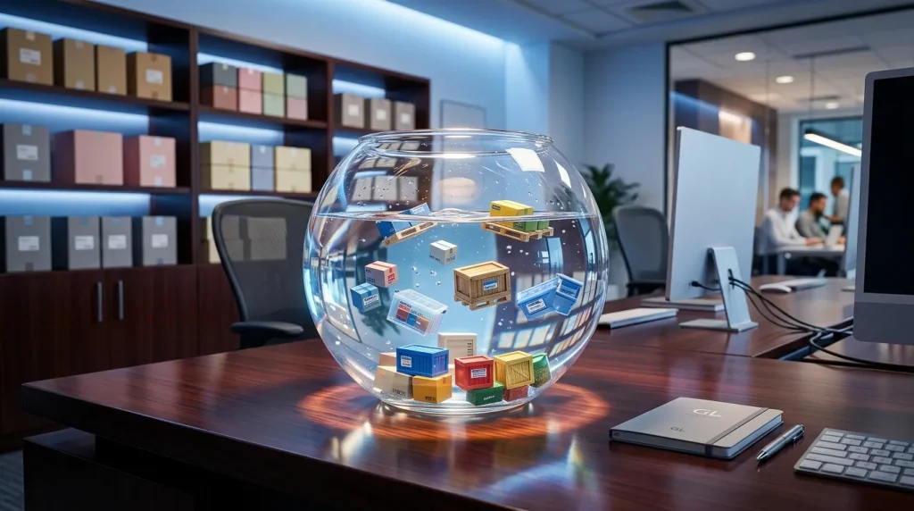 Sphère de verre contenant boîtes et packages de livraison