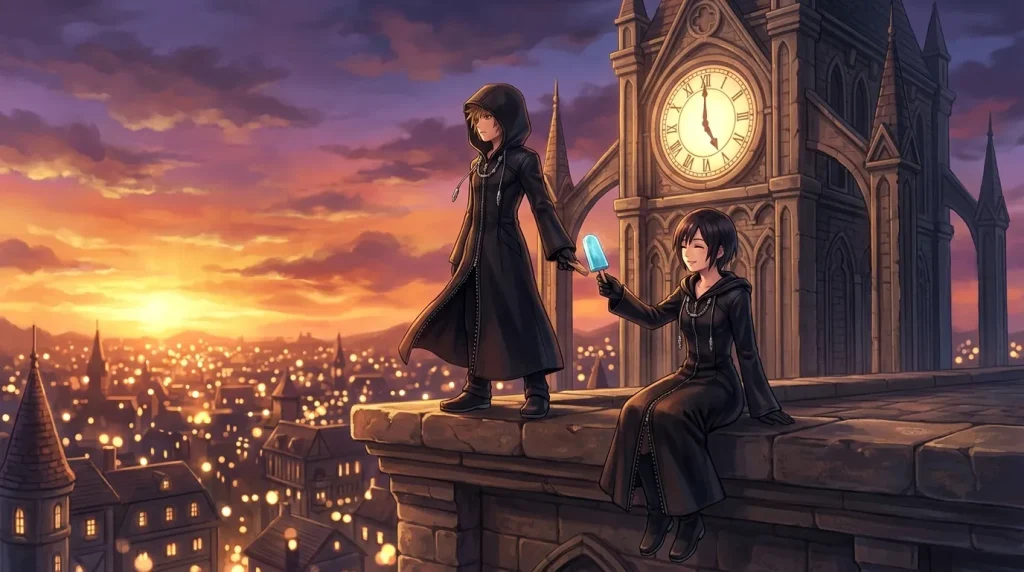 Deux personnages en noir sur une tour d'horloge au coucher de soleil.