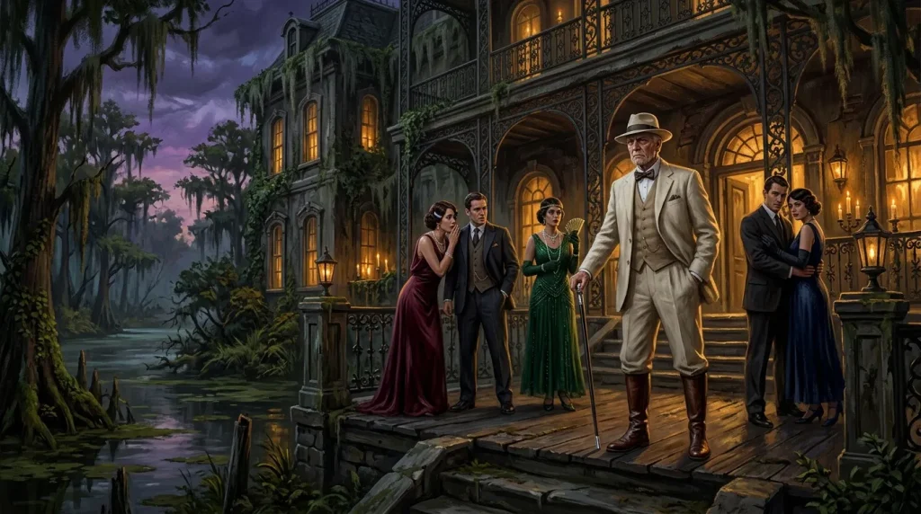 Élégantes personnes en tenue de soirée devant mansion coloniale