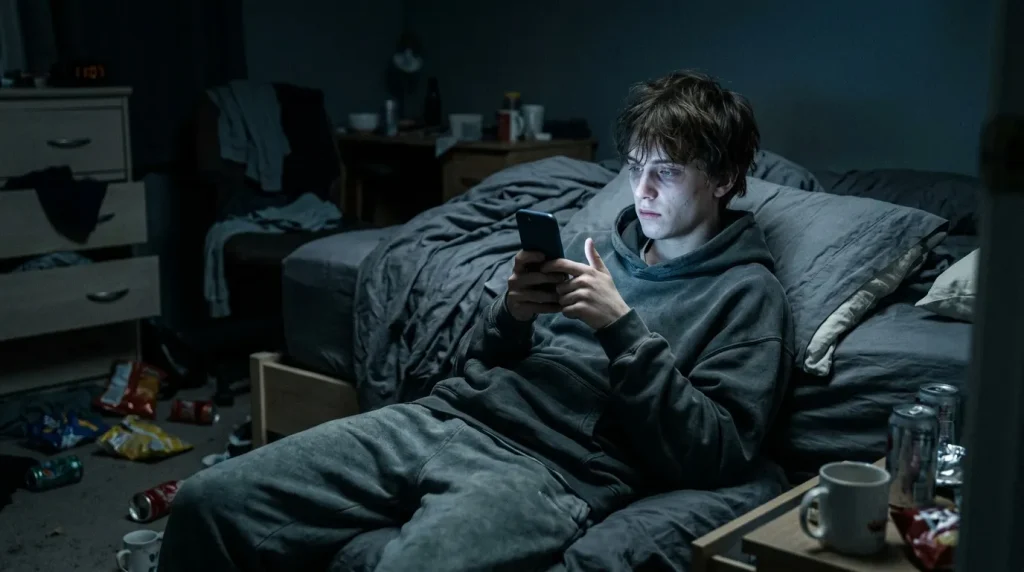 Jeune homme sur lit regardant son téléphone dans chambre sombre