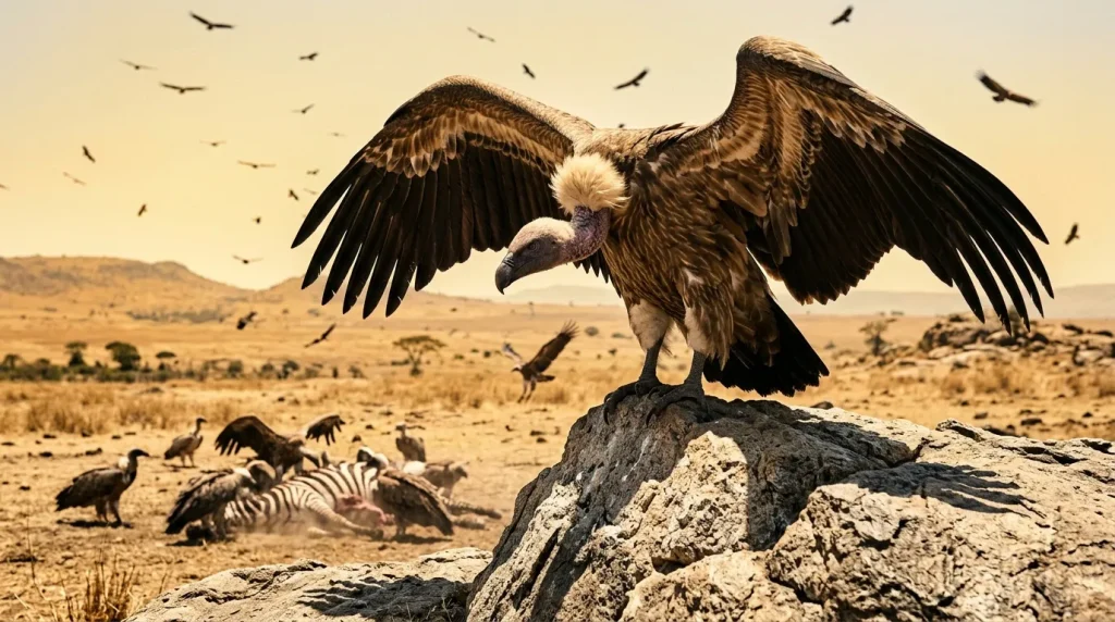 Aigle aux ailes déployées sur rocher en savane aride