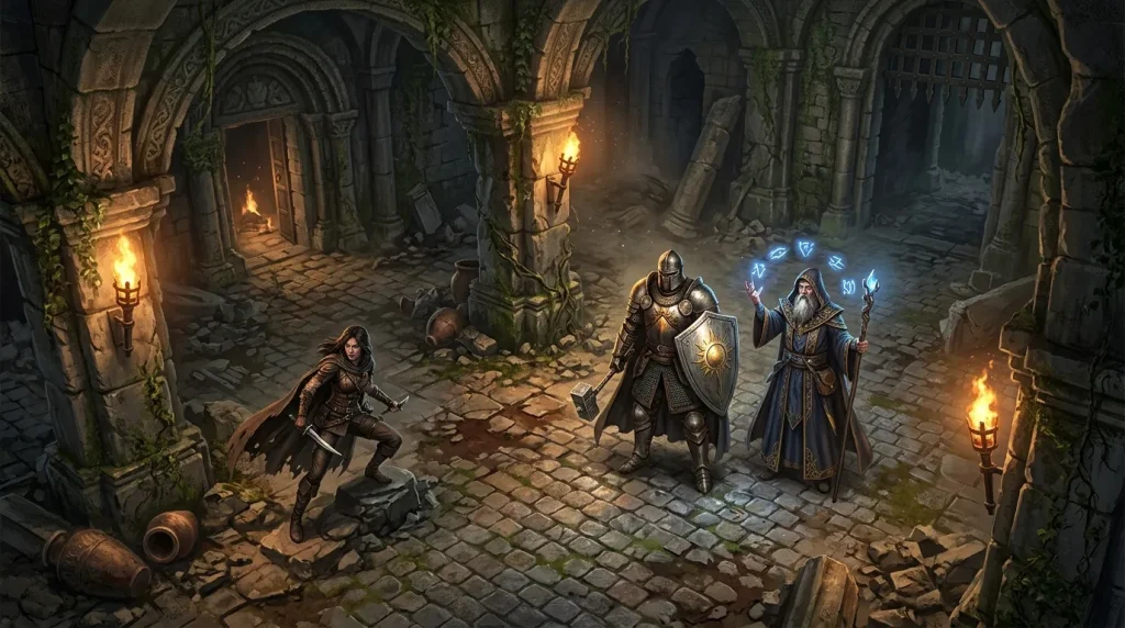 Trois personnages fantastiques explorent un temple souterrain en ruines.