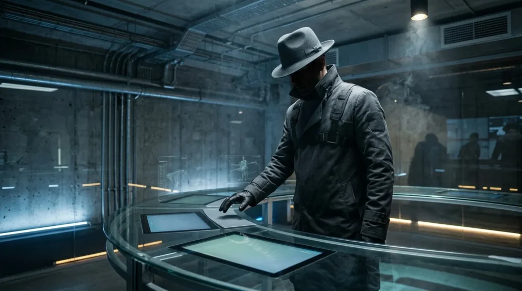 Homme en chapeau manipulant interface technologique dans bunker high-tech
