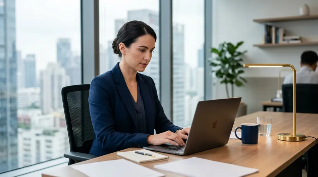 Femme en blazer bleu travaille sur laptop au bureau