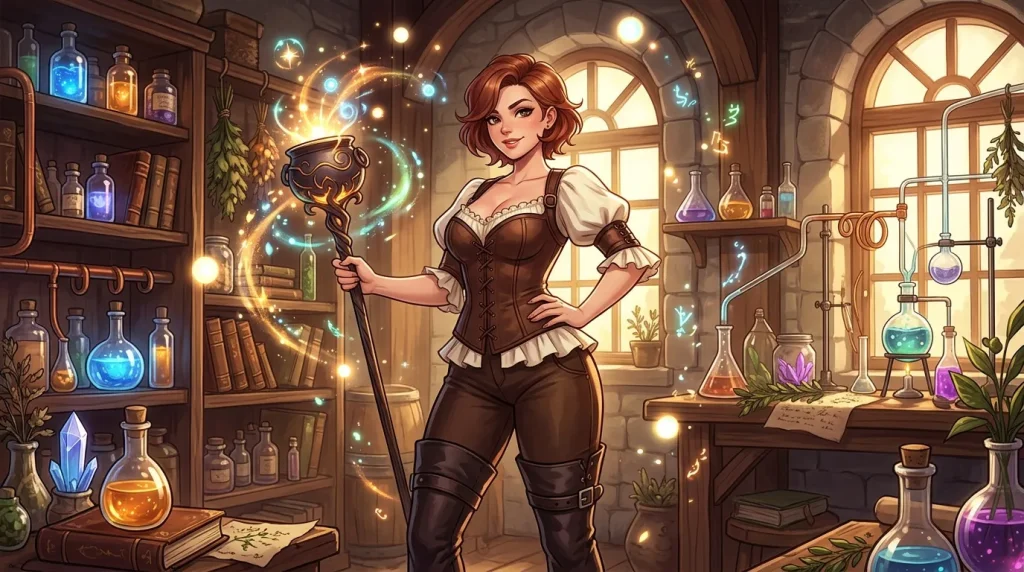 Femme alchimiste dans son laboratoire rempli de potions brillantes