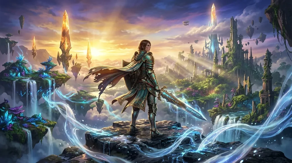 Guerrier épée magique devant cités flottantes fantastiques