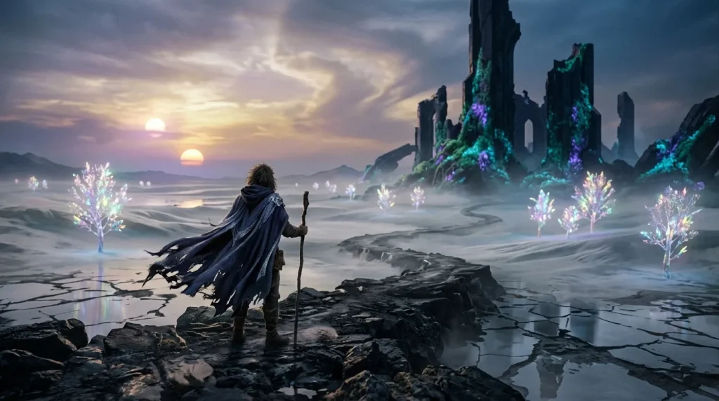 Guerrier solitaire face à des ruines magiques illuminées au coucher de soleil
