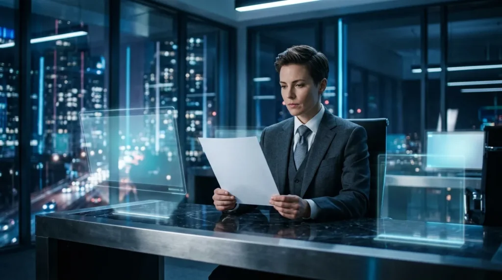 Homme en costume consulte document dans bureau high-tech moderne