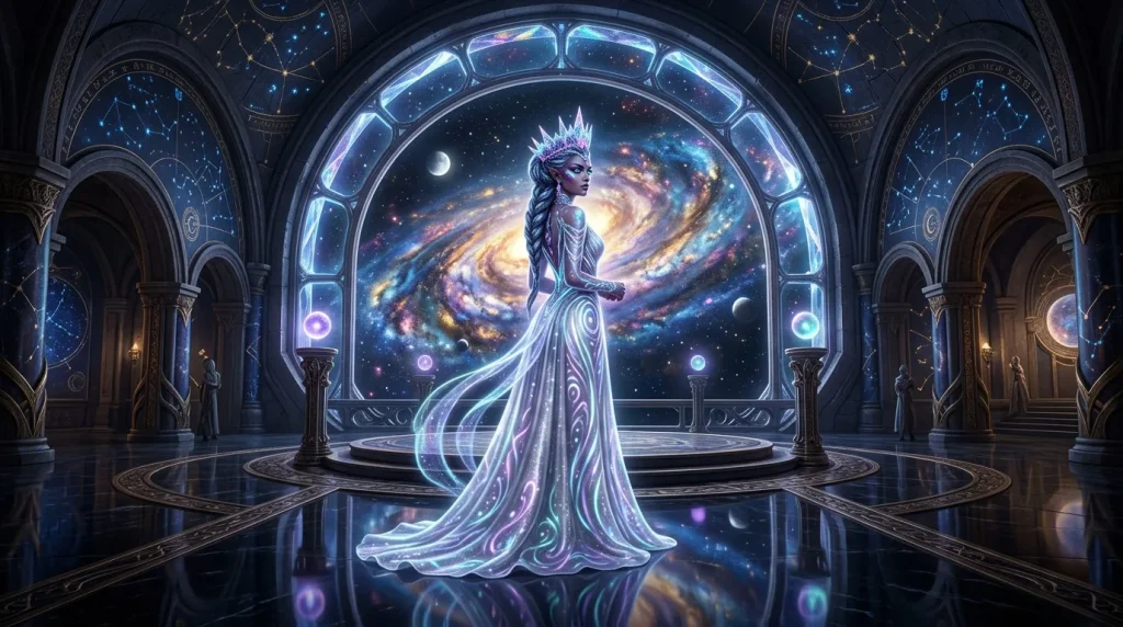 Femme ethereal couronnée devant galaxie illuminée