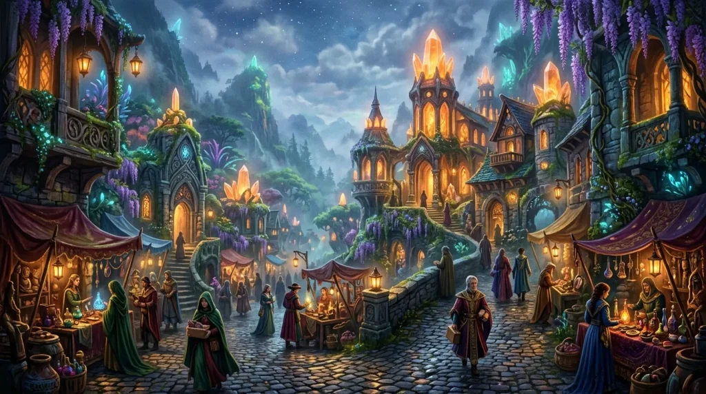 Ville fantastique avec tours brillantes, marchés et habitants magiques.