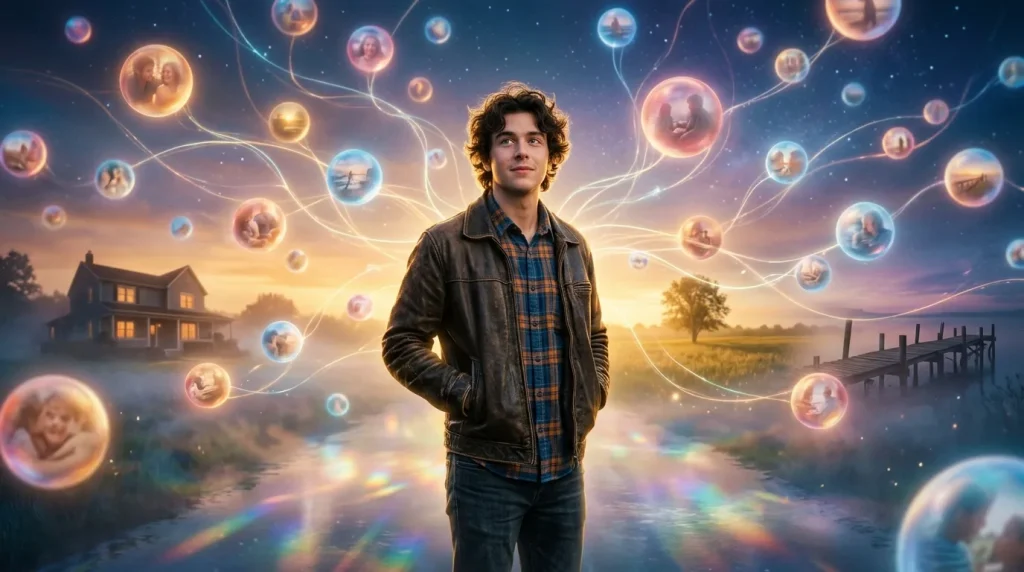 Jeune homme entouré de sphères lumineuses connectées symbolisant réseau