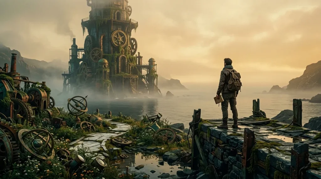Voyageur observant une tour mécanique dans un paysage steampunk brumeux