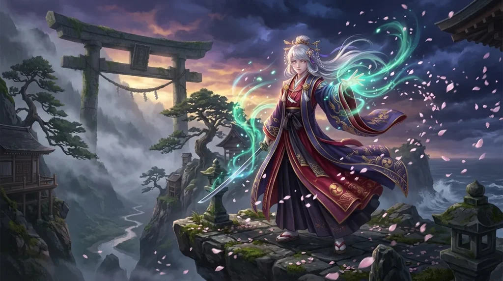 Personnage magique en robes rouges et vertes sur plateforme rocheuse