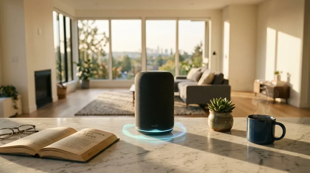 Haut-parleur intelligent sur comptoir de cuisine lumineux