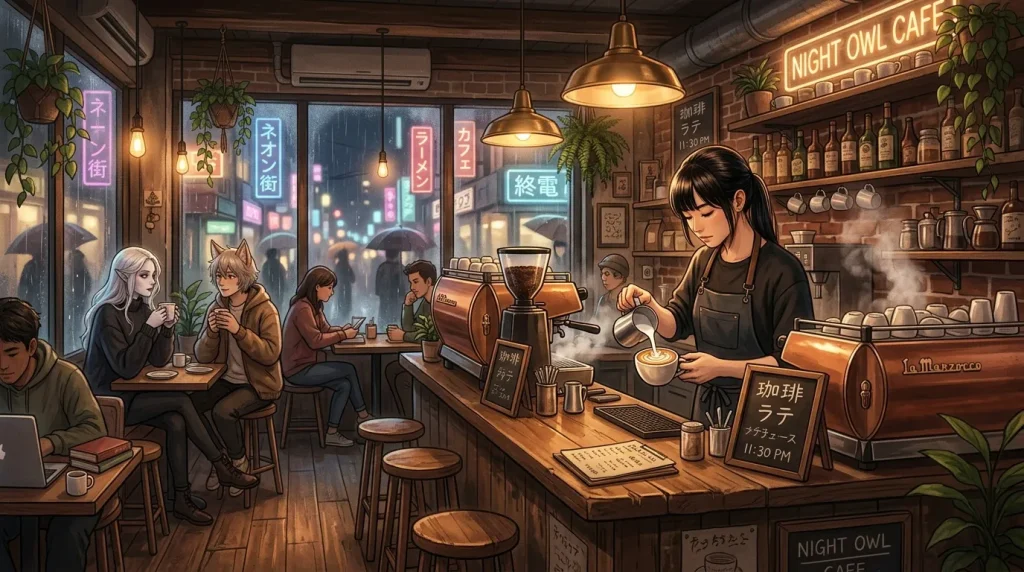 Café japonais la nuit avec barista et clients détendus
