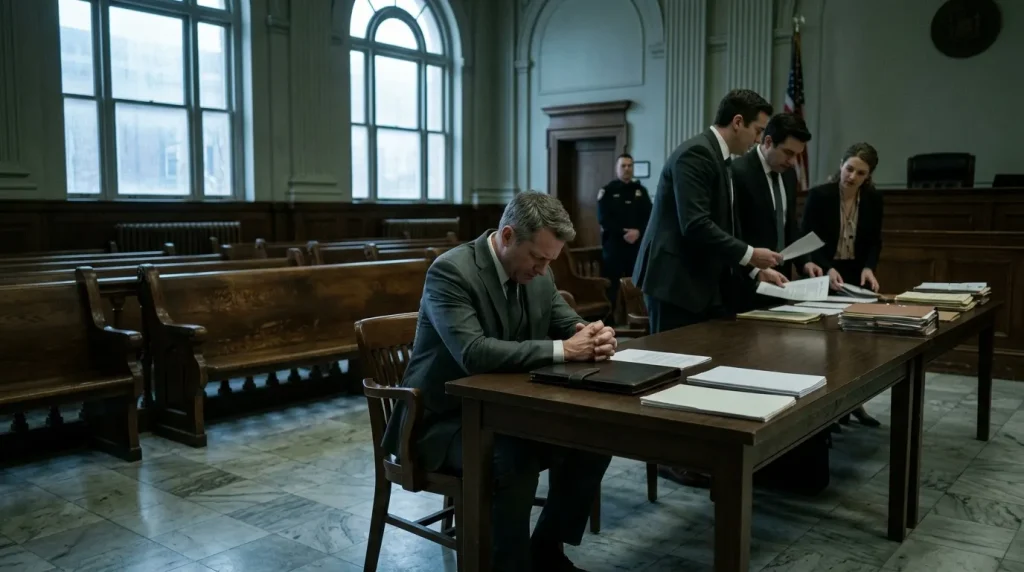 Homme en costume assis à table dans une salle de tribunal