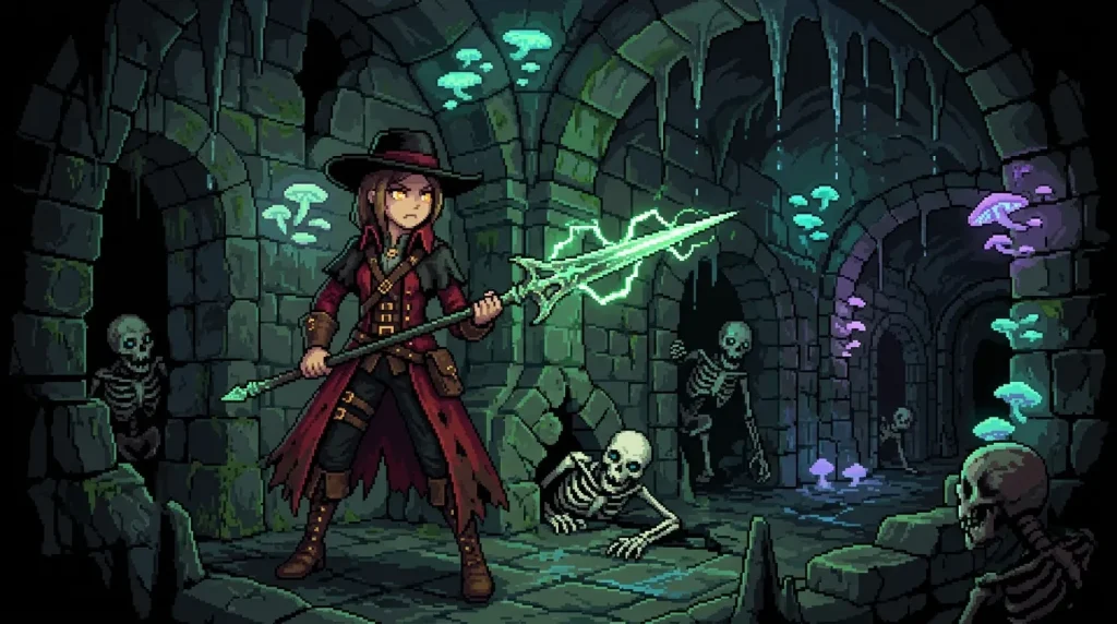 Femme avec bâton magique affrontant squelettes dans caverne