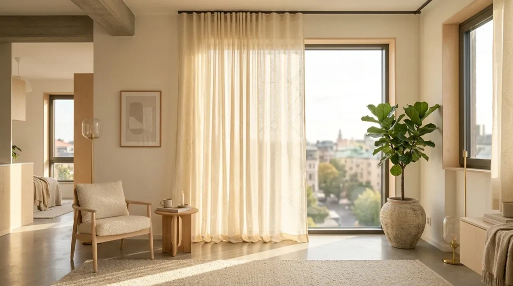 Chambre lumineuse avec fenêtres, plante verte et mobilier contemporain