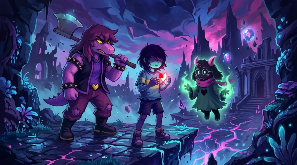 Trois personnages animés dans un monde souterrain luminescent et fantastique.