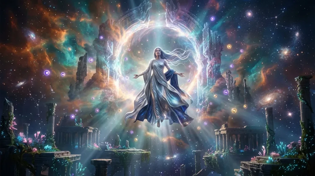Femme divine flottant entre portails lumineux cosmiques