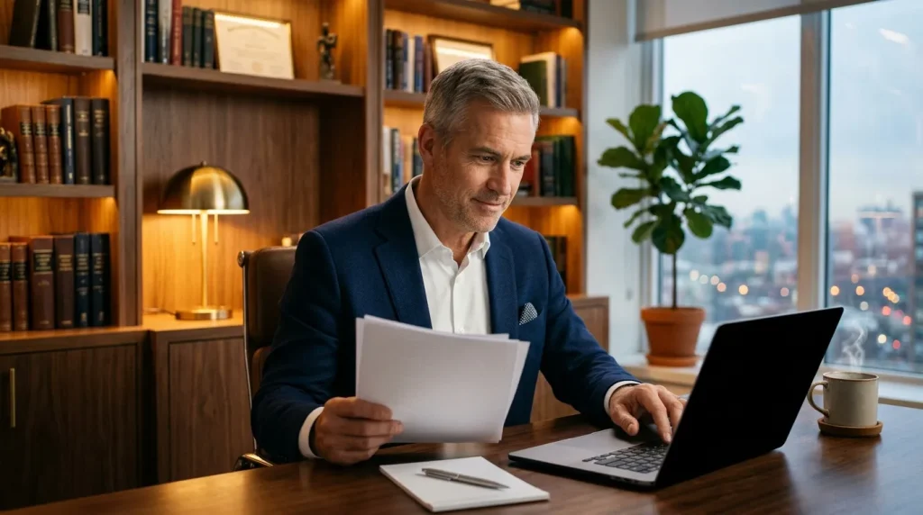 Cadre consulte documents et ordinateur en bureau haut standing