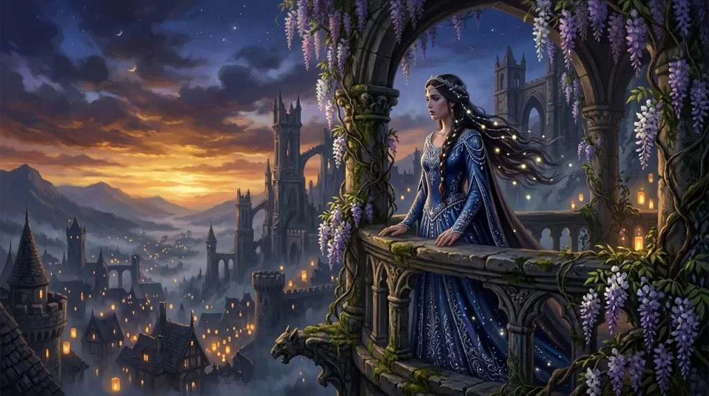 Femme noble en robe bleue sur balcon de château médiéval au crépuscule