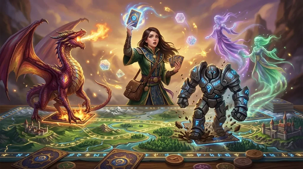 Mage brandissant des cartes magiques entourée de créatures fantastiques