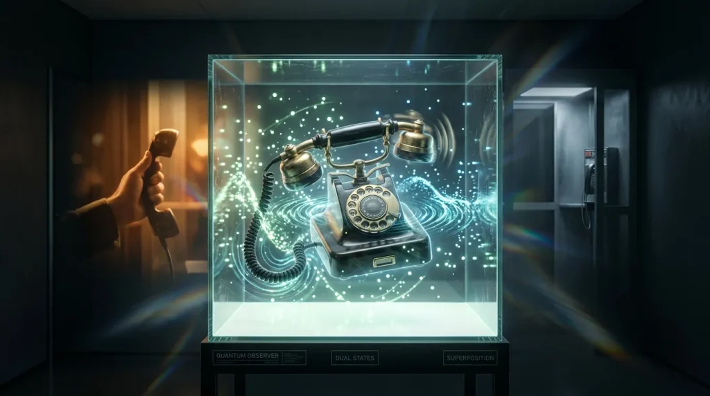 Téléphone vintage dans vitrine avec effets numériques lumineux