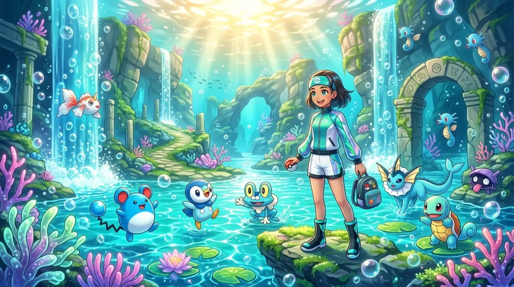 Dresseur pokémon avec créatures aquatiques dans ruines englouties