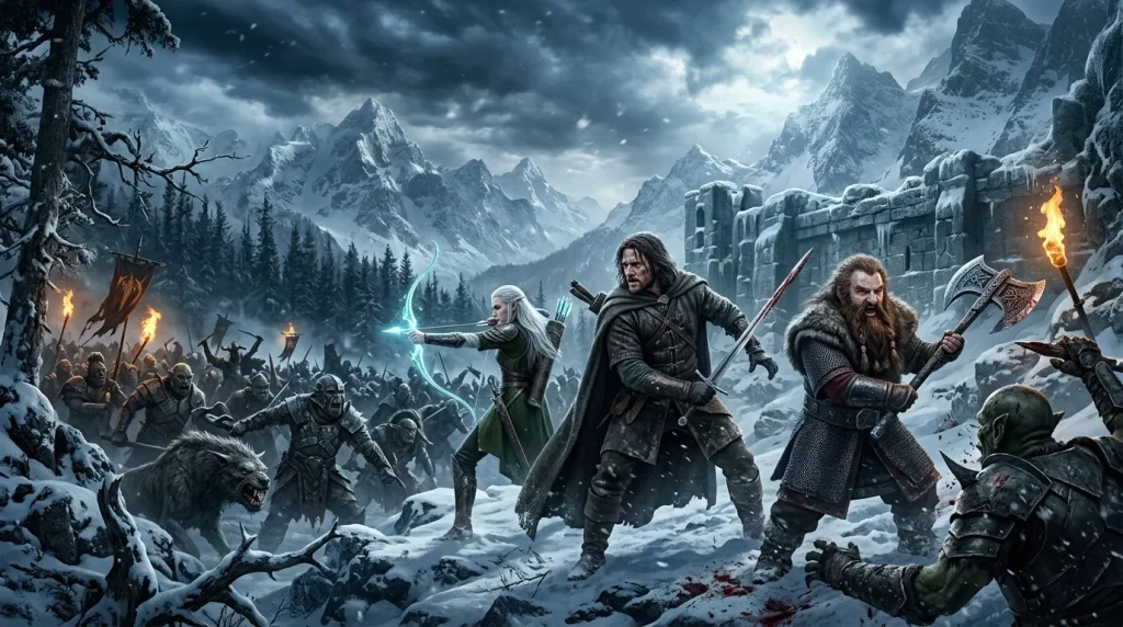 Guerriers fantastiques combattent dans une forteresse enneigée montagne