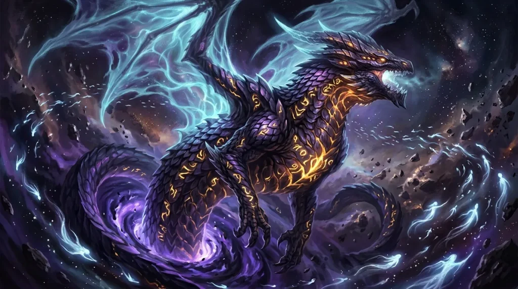 Dragon noir avec runes dorées entouré d'énergie magique bleue et violette