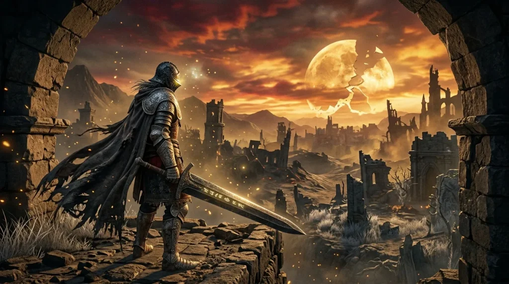 Chevalier armé contemplant des ruines sous une lune géante