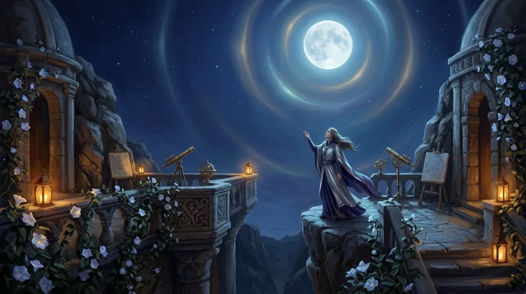 Femme observant la lune depuis une terrasse antique illuminée
