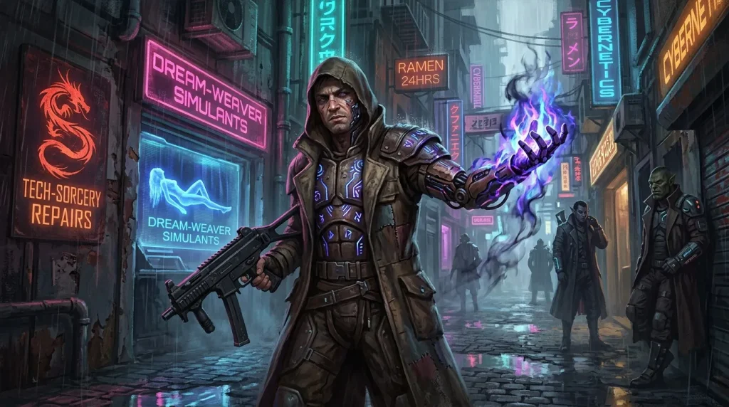 Magicien en armure futuriste dans rue cyberpunk illuminée
