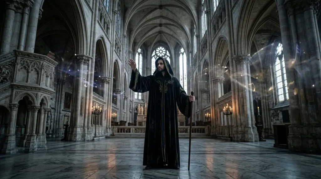 Homme vêtu de noir dans une cathédrale gothique illuminée