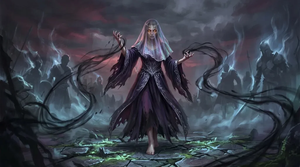 Femme magicienne entourée d'esprits dans un paysage sombre