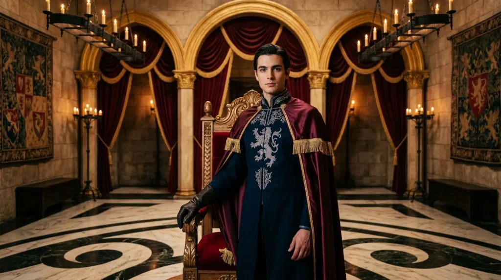 Jeune homme en costume princier dans un hall de palais majestueux